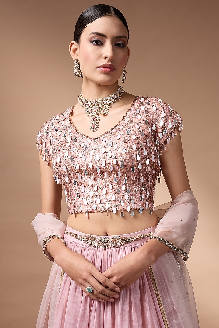 Blush Pink Organza Printed Wedding Lehenga Set by Rocky Star at Pernia's Pop Up Shop