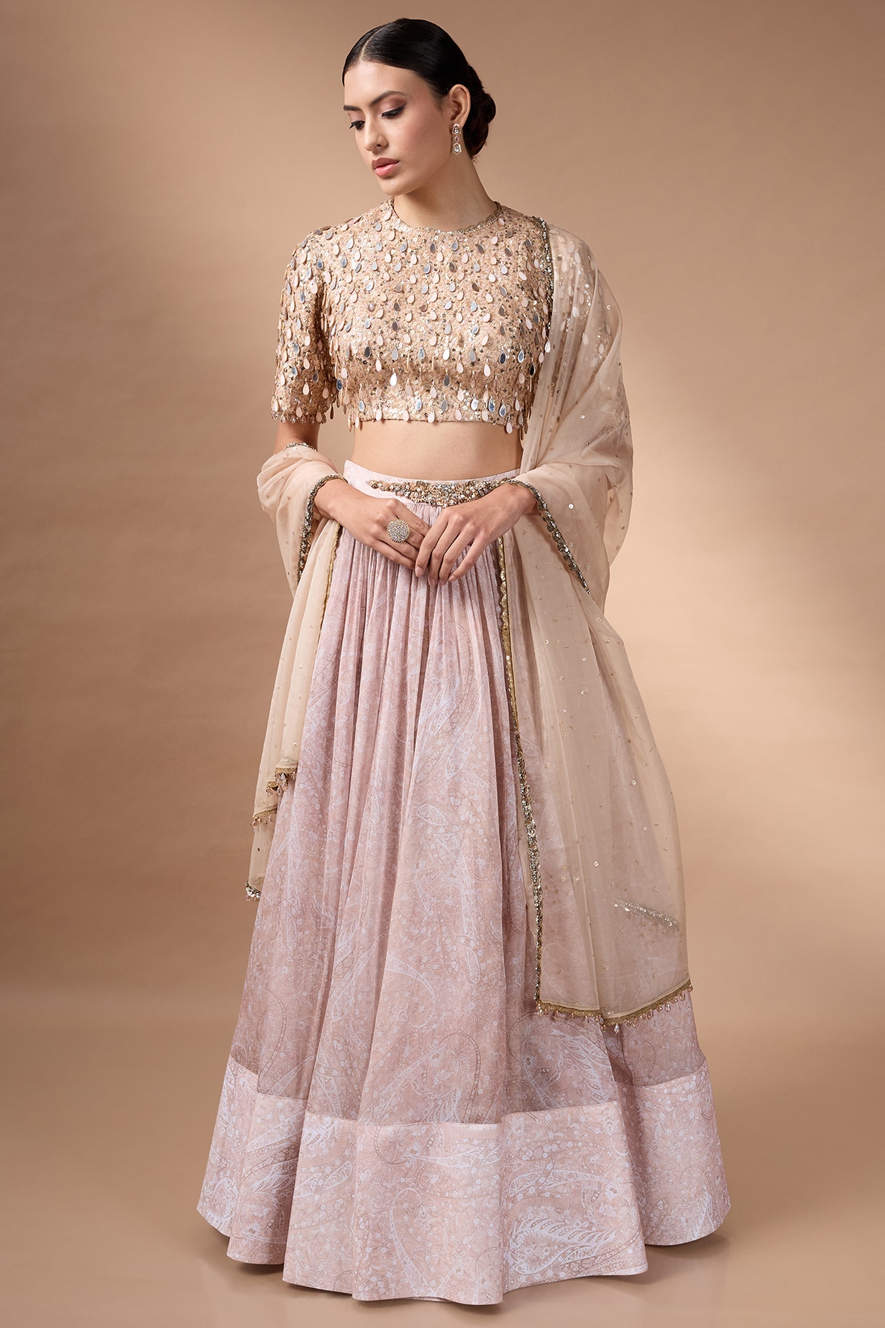 Rocky Star Beige Organza Printed Lehenga Set