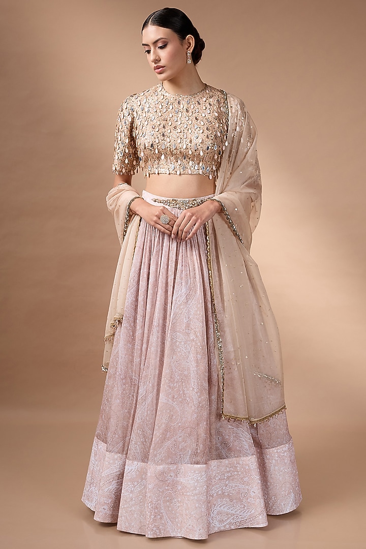 Beige Organza Printed Wedding Lehenga Set by Rocky Star at Pernia's Pop Up Shop