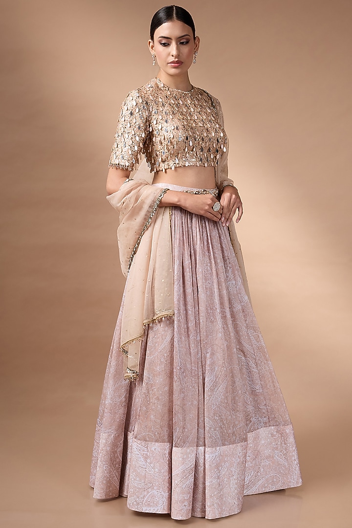 Beige Organza Printed Wedding Lehenga Set by Rocky Star at Pernia's Pop Up Shop