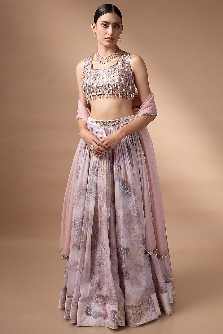 Pink Organza Floral Printed Wedding Lehenga Set by Rocky Star at Pernia's Pop Up Shop