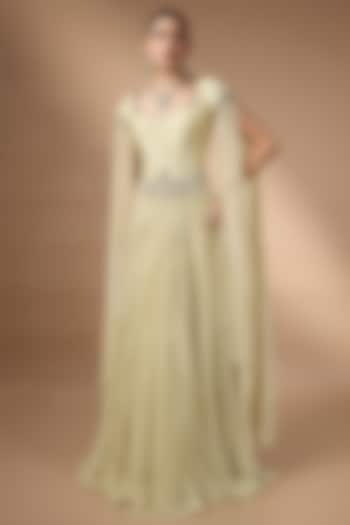 Pale Yellow Metallic Georgette Embroidered Skirt Set by Rocky Star at Pernia's Pop Up Shop