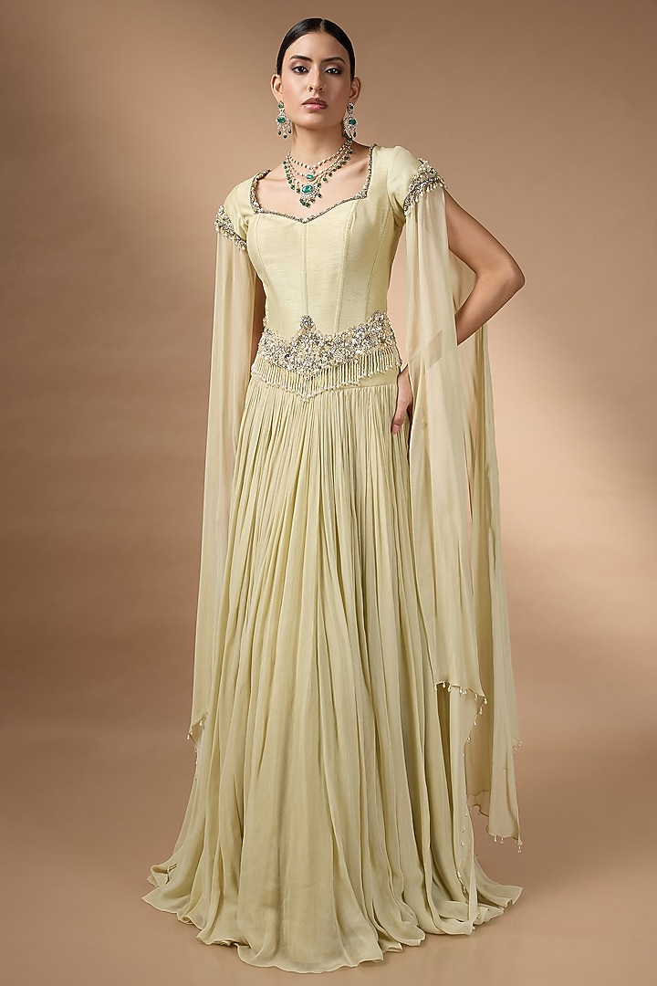 Pale Yellow Metallic Georgette Embroidered Skirt Set by Rocky Star at Pernia's Pop Up Shop