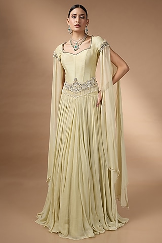 Pale Yellow Metallic Georgette Embroidered Skirt Set by Rocky Star