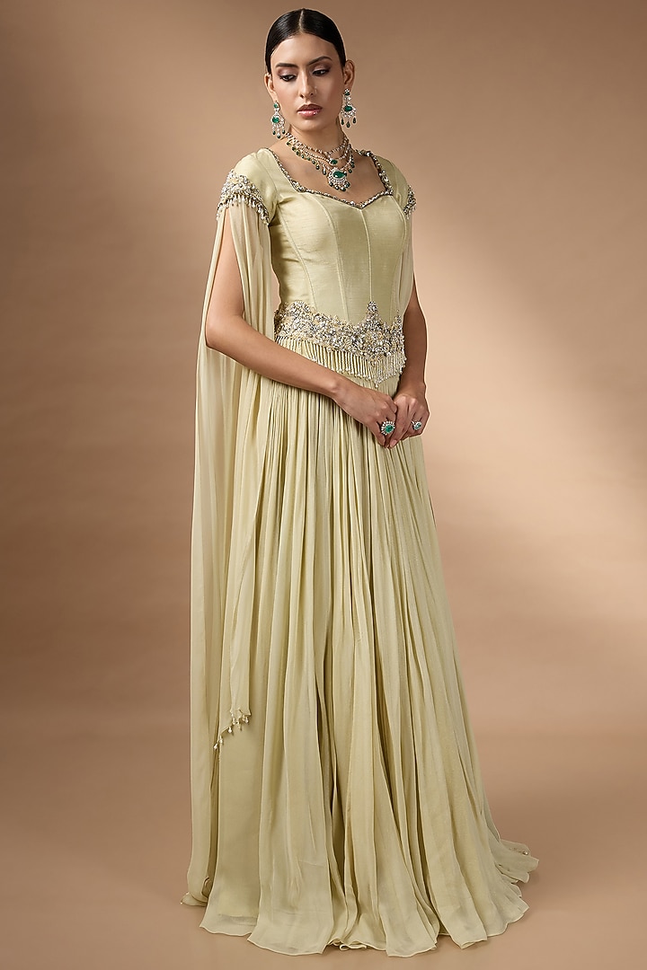 Pale Yellow Metallic Georgette Embroidered Skirt Set by Rocky Star at Pernia's Pop Up Shop