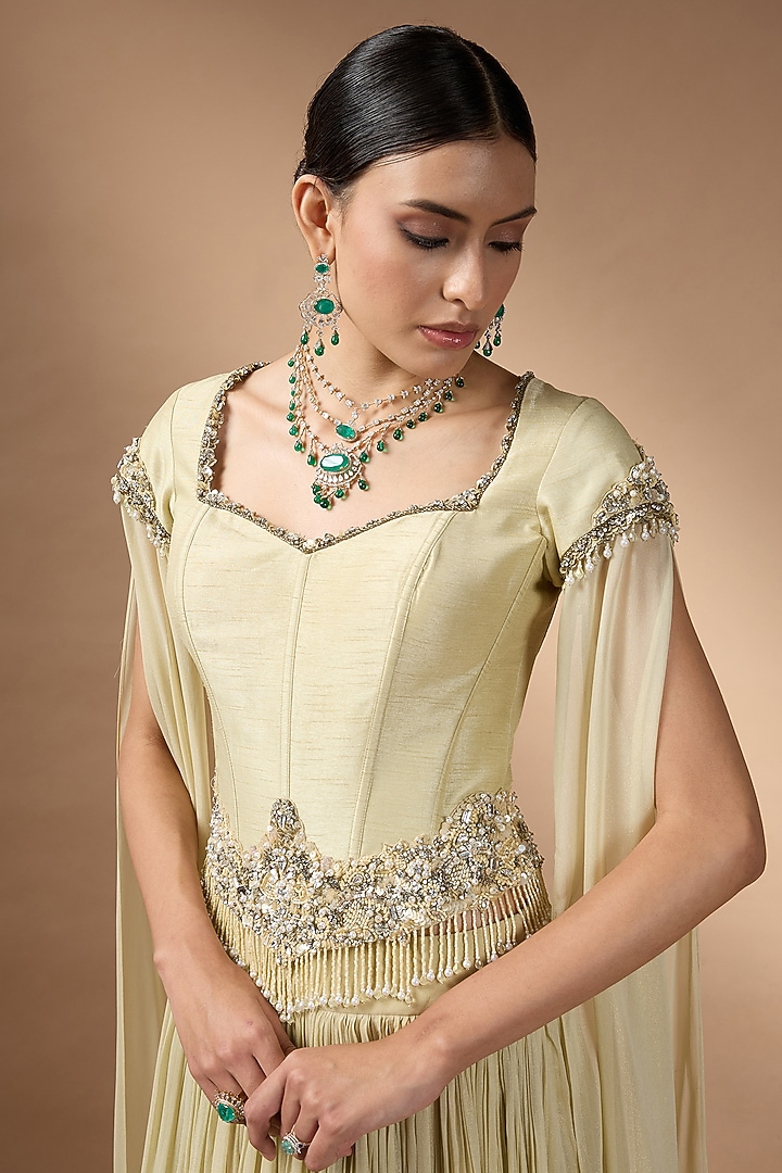 Pale Yellow Metallic Georgette Embroidered Skirt Set by Rocky Star at Pernia's Pop Up Shop