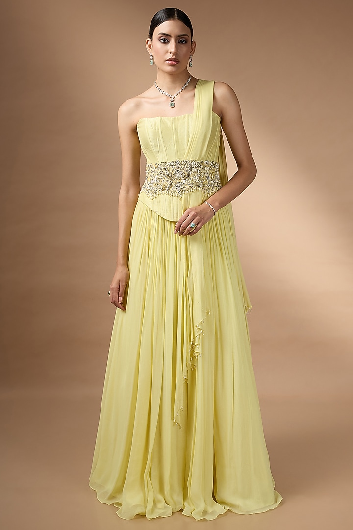 Yellow Metallic Georgette Embellished Skirt Set by Rocky Star at Pernia's Pop Up Shop