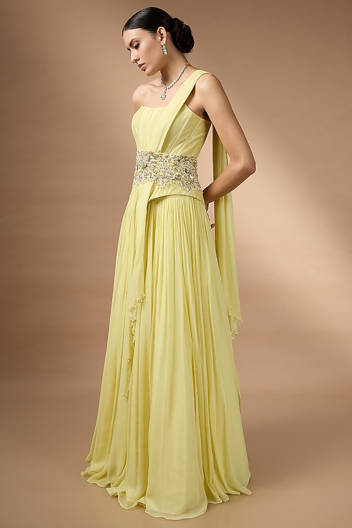 Yellow Metallic Georgette Embellished Skirt Set by Rocky Star at Pernia's Pop Up Shop