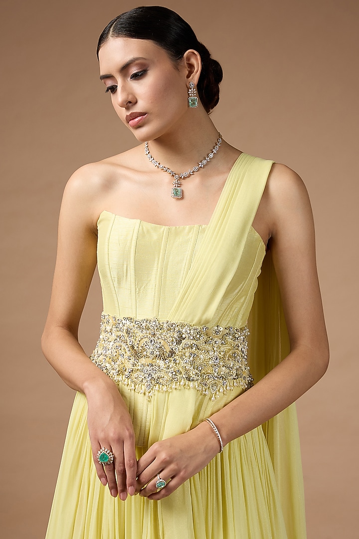 Yellow Metallic Georgette Embellished Skirt Set by Rocky Star at Pernia's Pop Up Shop
