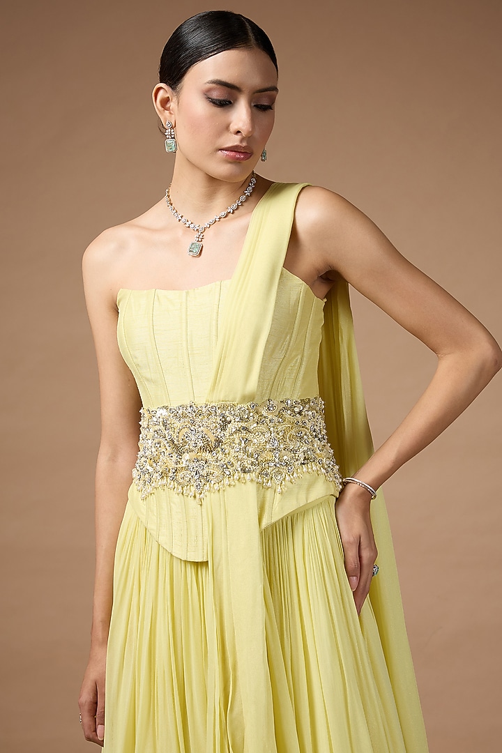 Yellow Metallic Georgette Embellished Skirt Set by Rocky Star at Pernia's Pop Up Shop