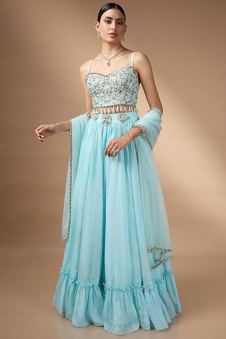 Blue Organza Flowy Wedding Lehenga Set by Rocky Star at Pernia's Pop Up Shop