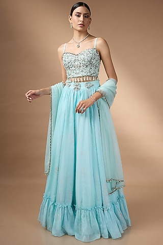 Blue Organza Flowy Lehenga Set by Rocky Star