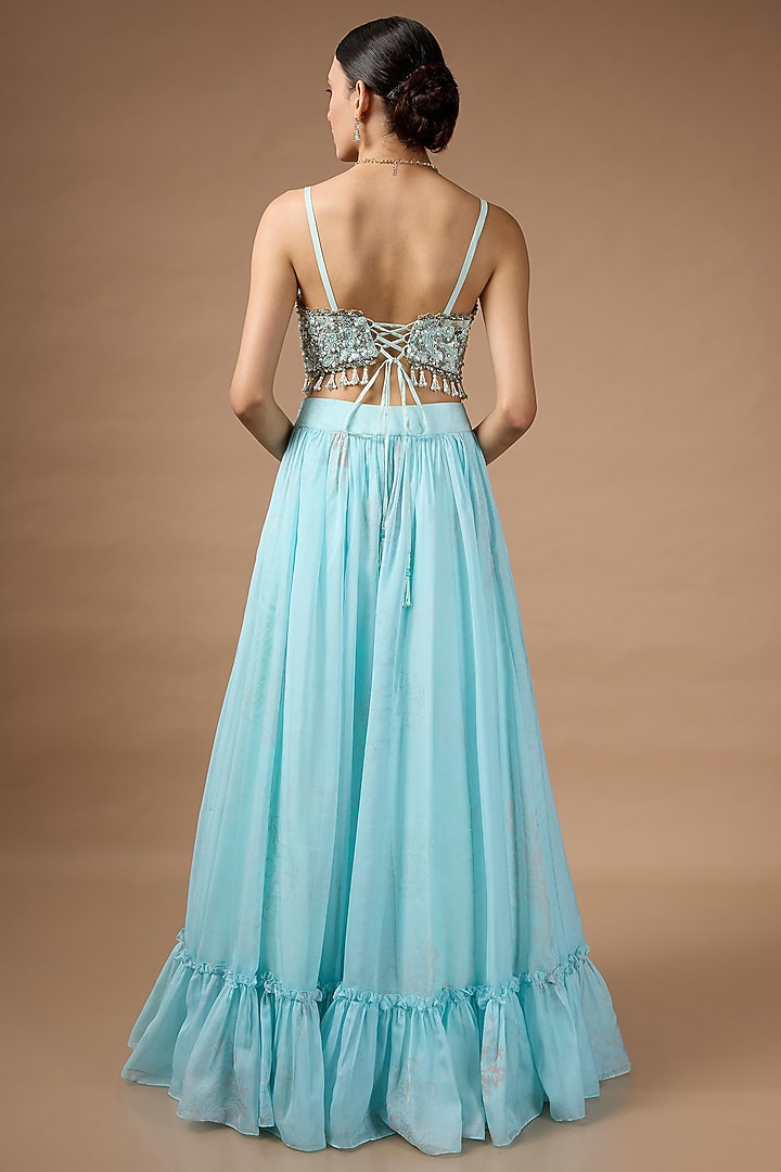 Blue Organza Flowy Wedding Lehenga Set by Rocky Star at Pernia's Pop Up Shop
