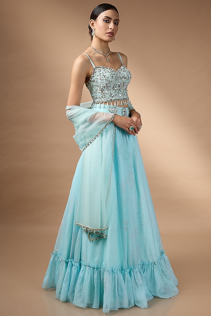Blue Organza Flowy Wedding Lehenga Set by Rocky Star at Pernia's Pop Up Shop