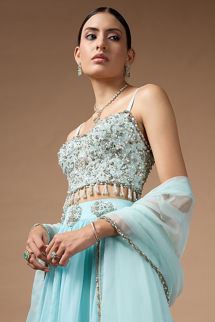 Blue Organza Flowy Wedding Lehenga Set by Rocky Star at Pernia's Pop Up Shop