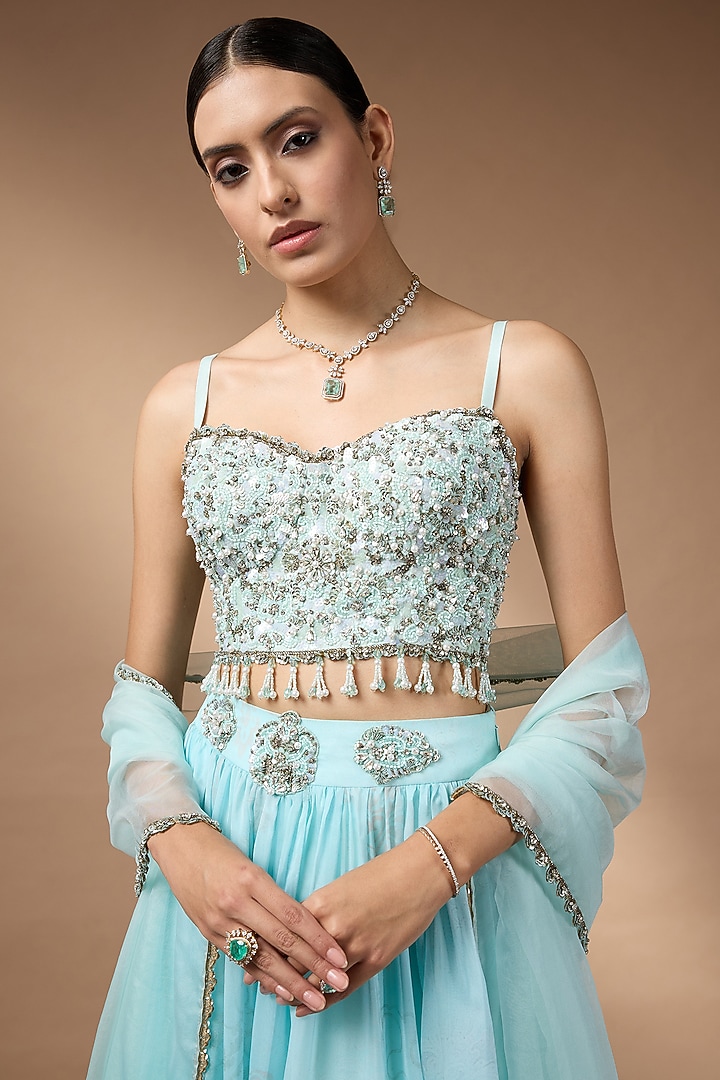 Blue Organza Flowy Wedding Lehenga Set by Rocky Star at Pernia's Pop Up Shop