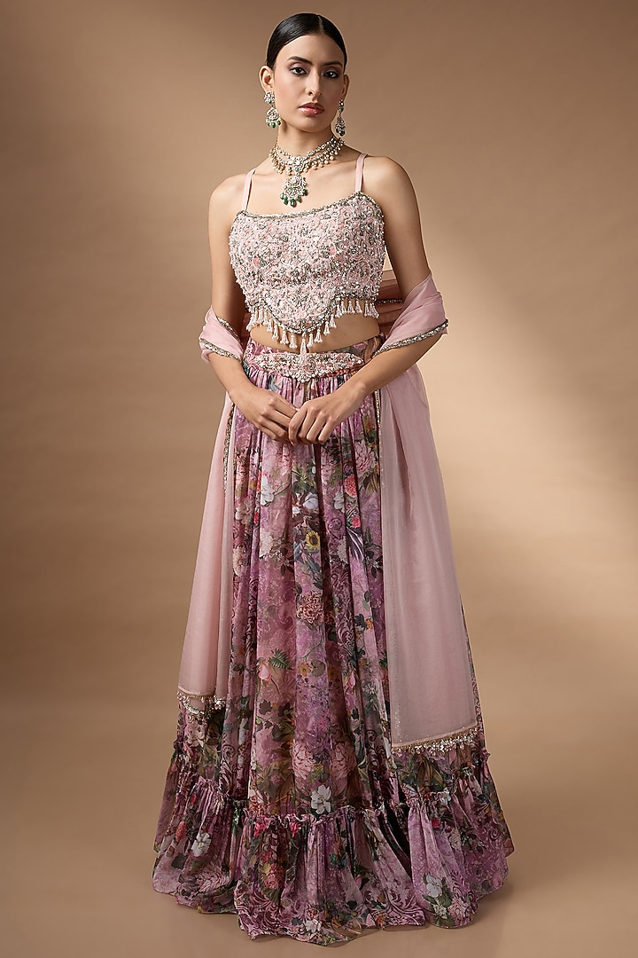 Soft Pink Organza Floral Printed Wedding Lehenga Set by Rocky Star at Pernia's Pop Up Shop