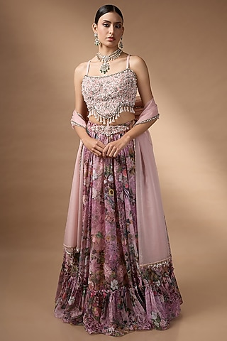 Soft Pink Organza Floral Printed Lehenga Set by Rocky Star