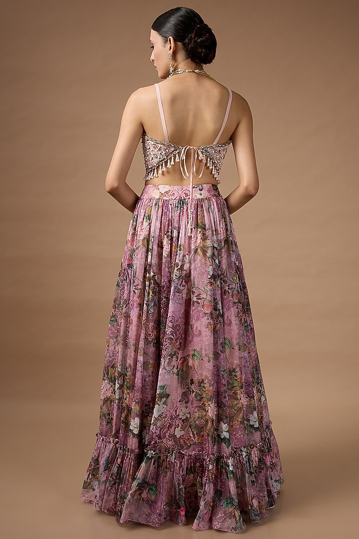 Soft Pink Organza Floral Printed Wedding Lehenga Set by Rocky Star at Pernia's Pop Up Shop
