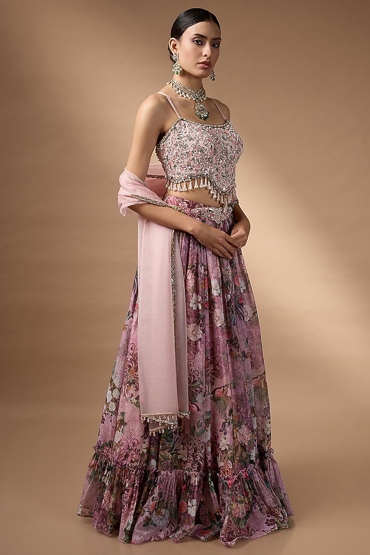 Soft Pink Organza Floral Printed Wedding Lehenga Set by Rocky Star at Pernia's Pop Up Shop