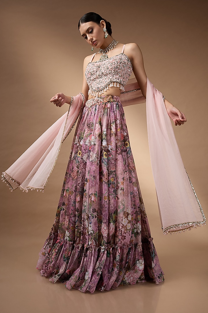 Soft Pink Organza Floral Printed Wedding Lehenga Set by Rocky Star at Pernia's Pop Up Shop
