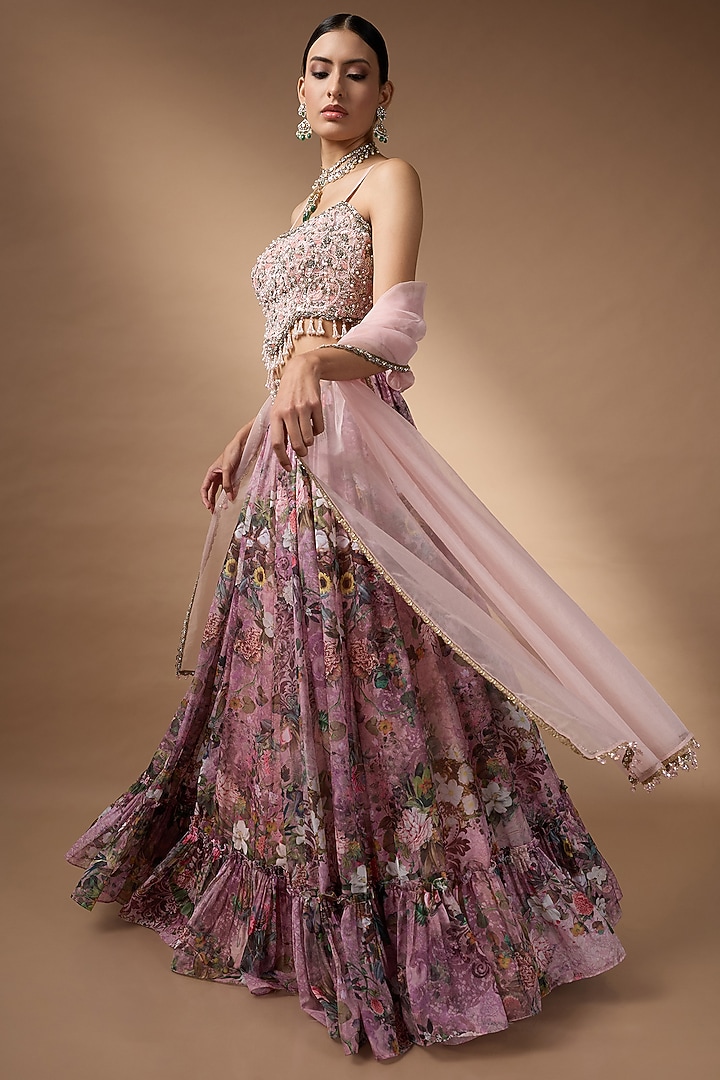 Soft Pink Organza Floral Printed Wedding Lehenga Set by Rocky Star at Pernia's Pop Up Shop