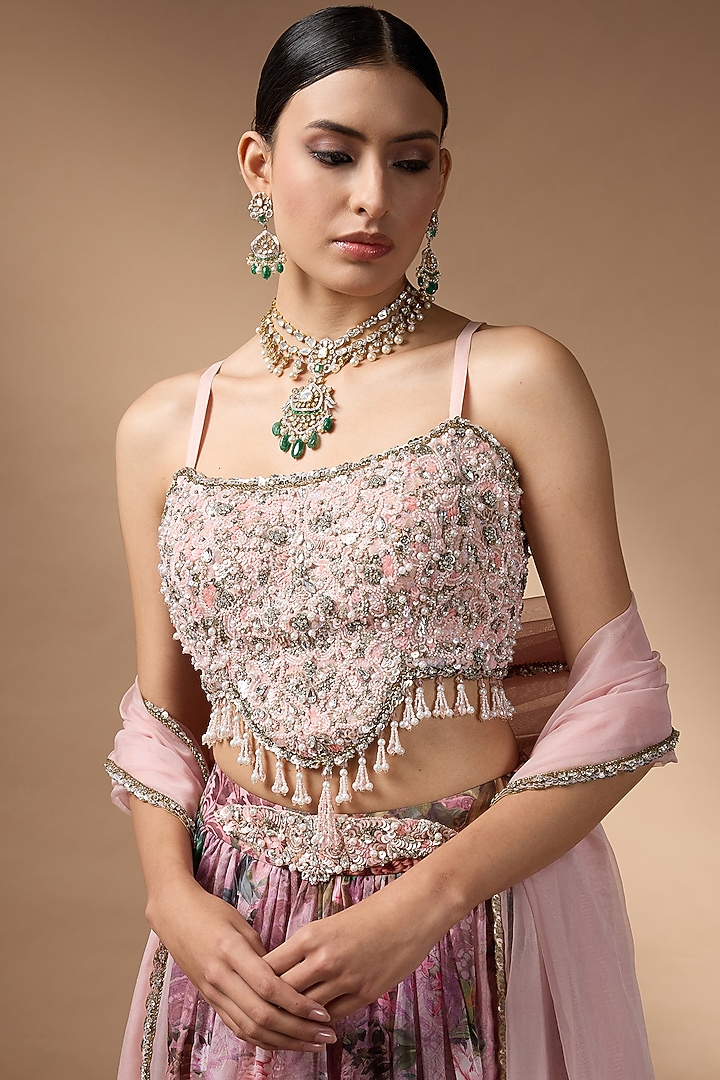 Soft Pink Organza Floral Printed Wedding Lehenga Set by Rocky Star at Pernia's Pop Up Shop