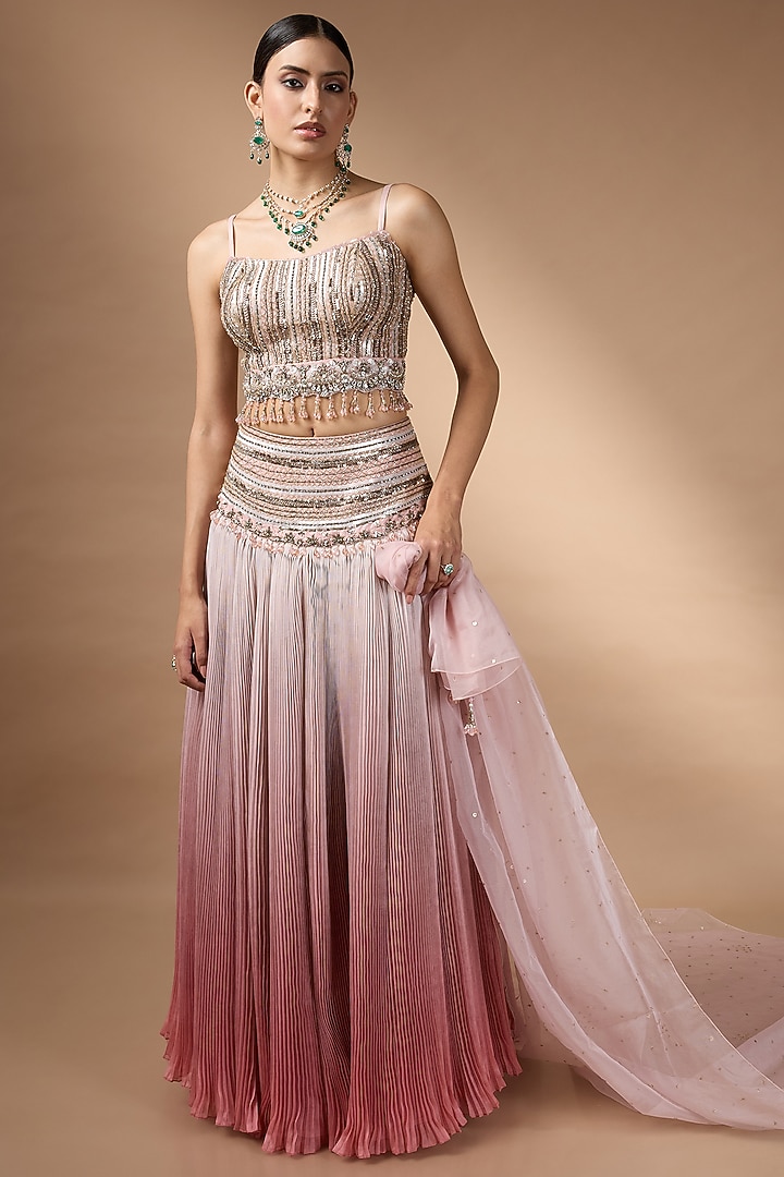 Pink Ombre Raw Silk Bead Embroidered Wedding Lehenga Set by Rocky Star at Pernia's Pop Up Shop