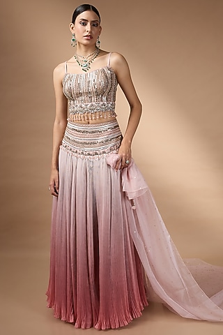 Pink Ombre Raw Silk Bead Embroidered Lehenga Set by Rocky Star