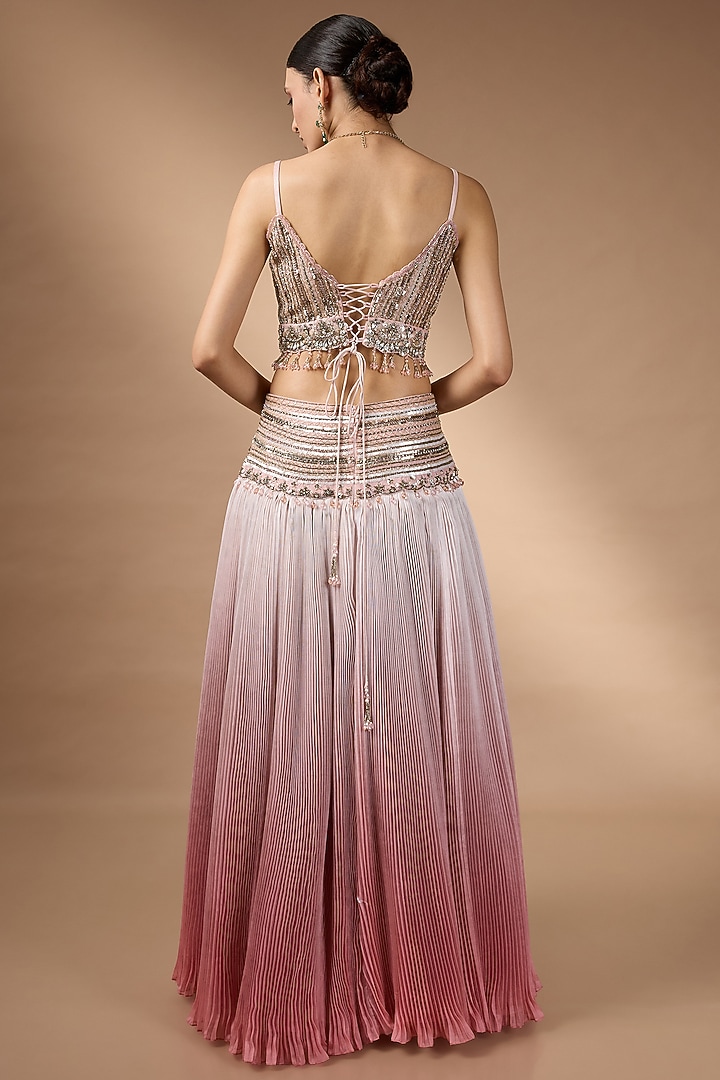 Pink Ombre Raw Silk Bead Embroidered Wedding Lehenga Set by Rocky Star at Pernia's Pop Up Shop