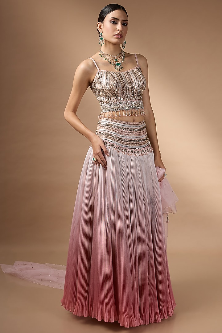 Pink Ombre Raw Silk Bead Embroidered Wedding Lehenga Set by Rocky Star at Pernia's Pop Up Shop