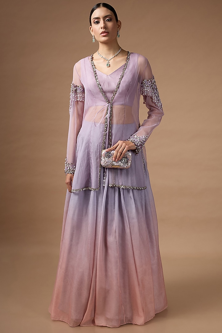 Purple & Orange Ombre Organza Hand Embroidered Wedding Lehenga Set by Rocky Star at Pernia's Pop Up Shop