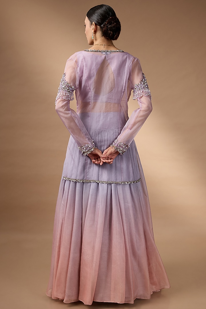 Purple & Orange Ombre Organza Hand Embroidered Wedding Lehenga Set by Rocky Star at Pernia's Pop Up Shop