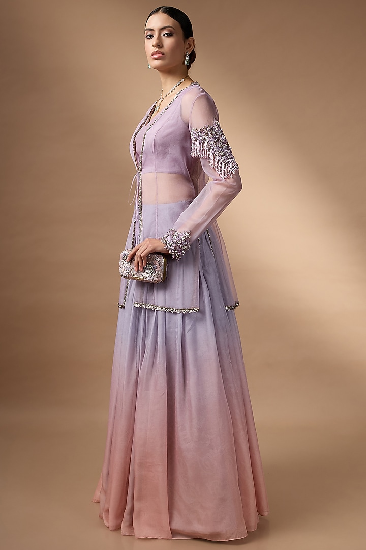 Purple & Orange Ombre Organza Hand Embroidered Wedding Lehenga Set by Rocky Star at Pernia's Pop Up Shop