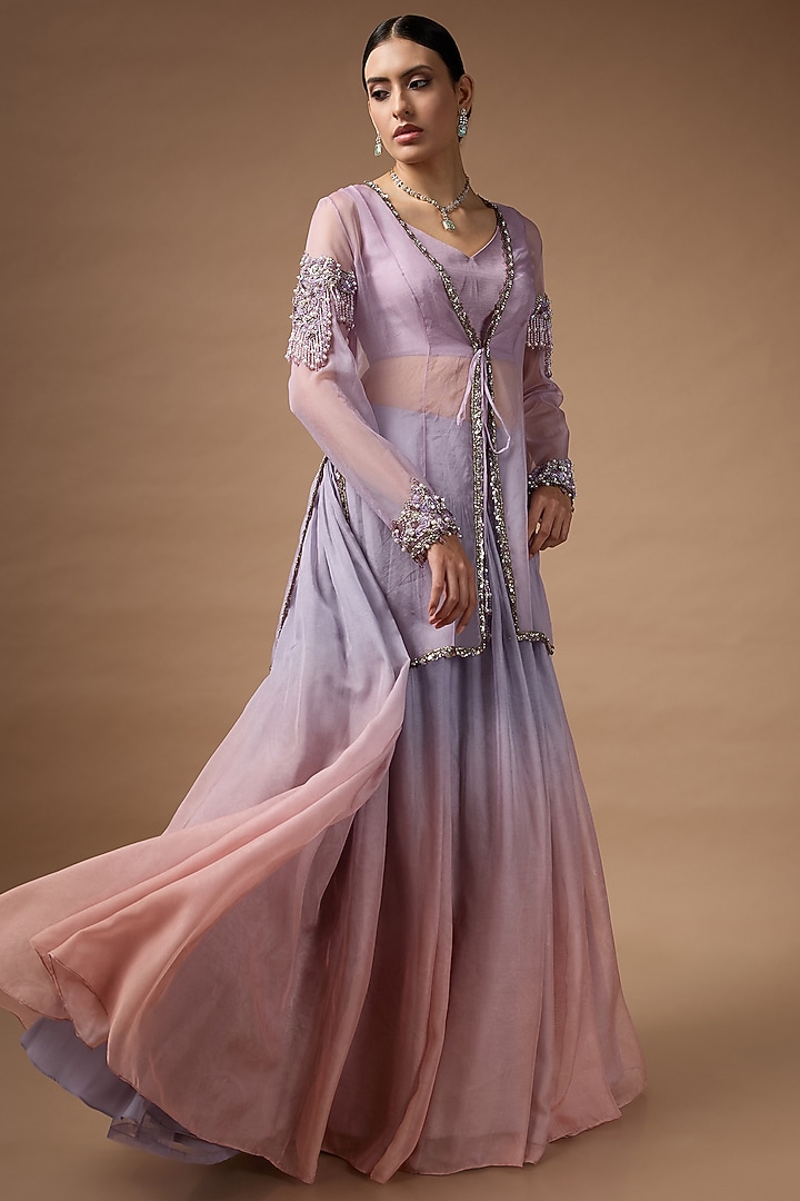 Purple & Orange Ombre Organza Hand Embroidered Wedding Lehenga Set by Rocky Star at Pernia's Pop Up Shop