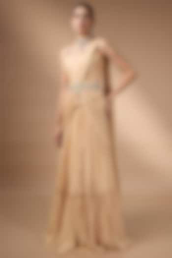 Pastel Orange Metallic Georgette Pleated Skirt Set by Rocky Star at Pernia's Pop Up Shop