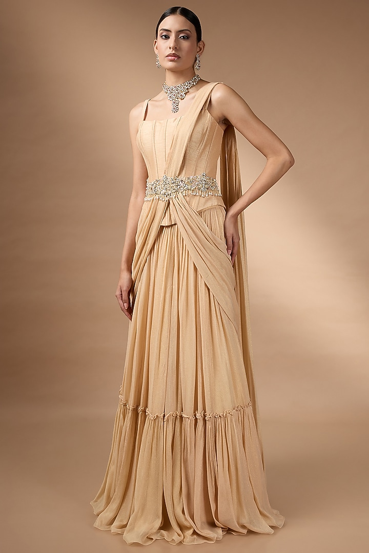 Pastel Orange Metallic Georgette Pleated Skirt Set by Rocky Star at Pernia's Pop Up Shop