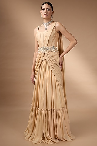 Pastel Orange Metallic Georgette Pleated Skirt Set by Rocky Star