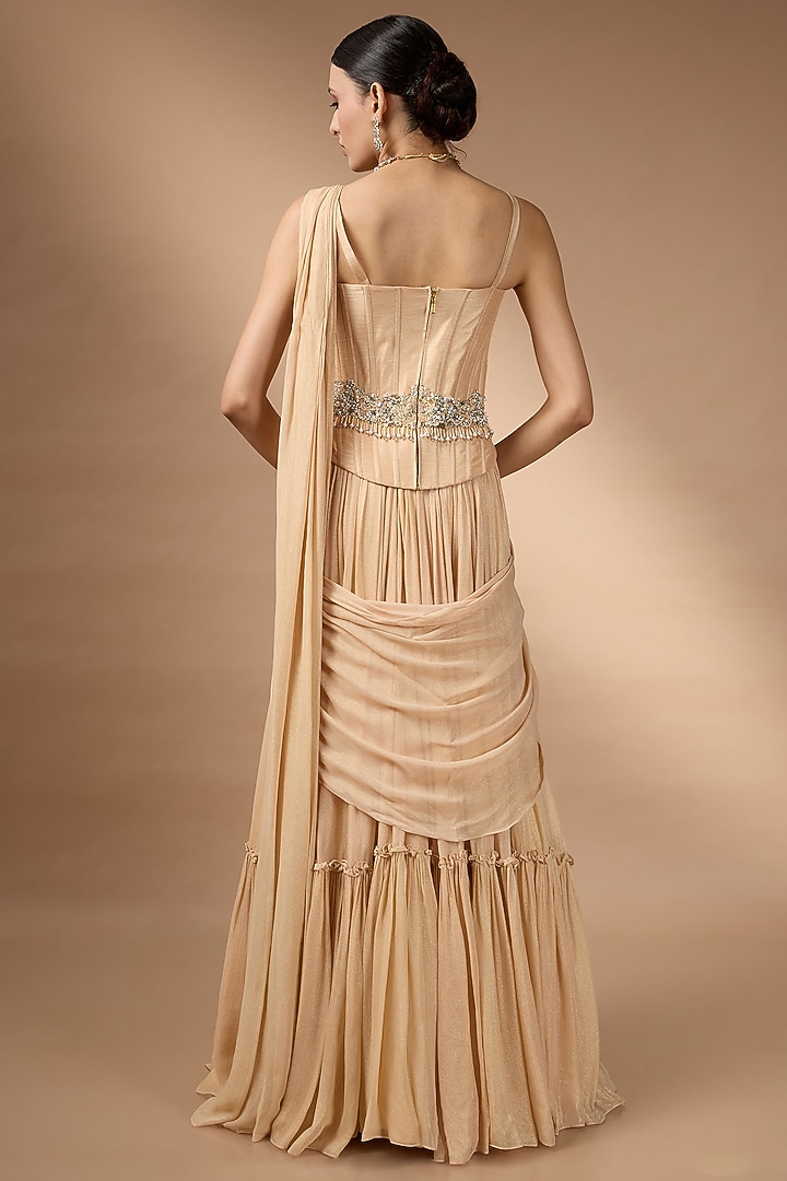 Pastel Orange Metallic Georgette Pleated Skirt Set by Rocky Star at Pernia's Pop Up Shop