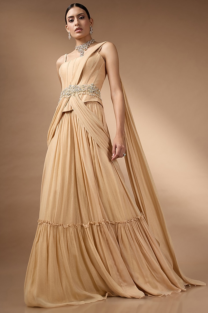 Pastel Orange Metallic Georgette Pleated Skirt Set by Rocky Star at Pernia's Pop Up Shop
