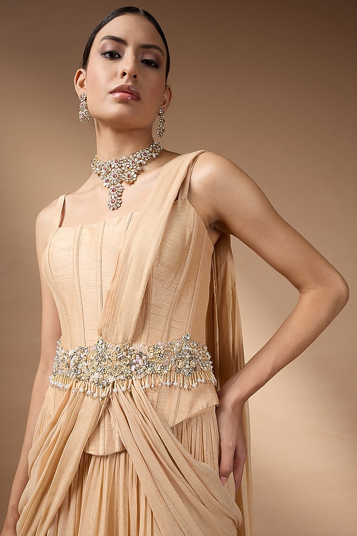 Pastel Orange Metallic Georgette Pleated Skirt Set by Rocky Star at Pernia's Pop Up Shop