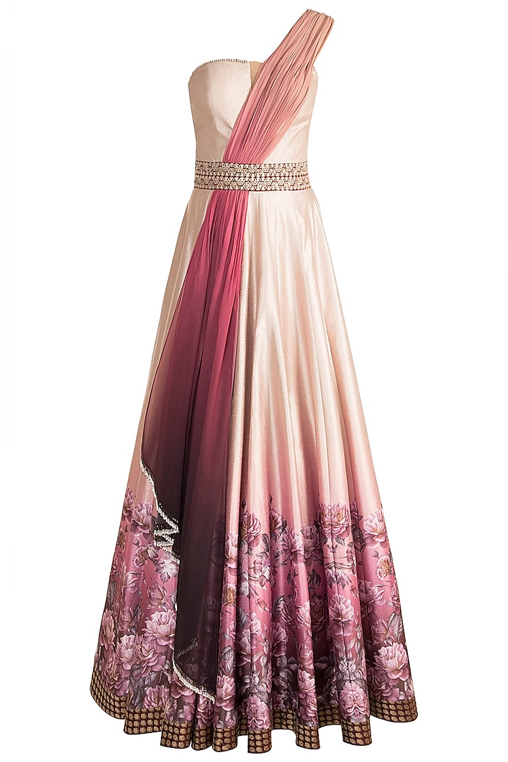 Beige Digital Printed & Embroidered Gown by Rocky Star