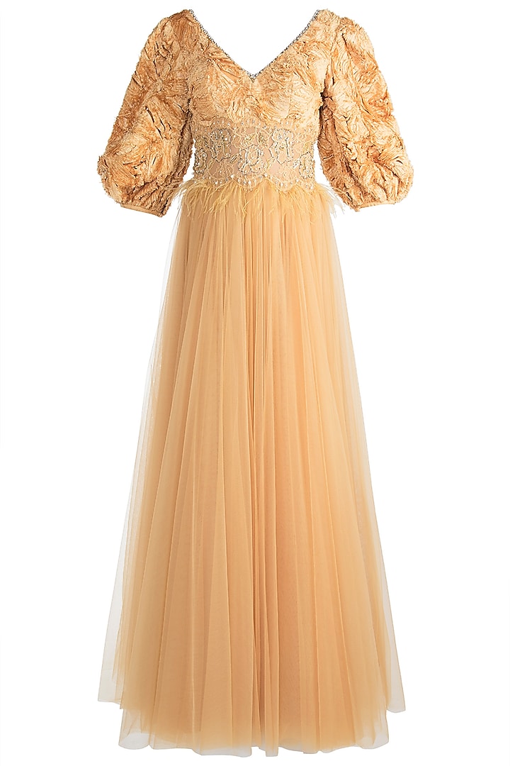Golden Yellow Embroidered Gown by Rocky Star