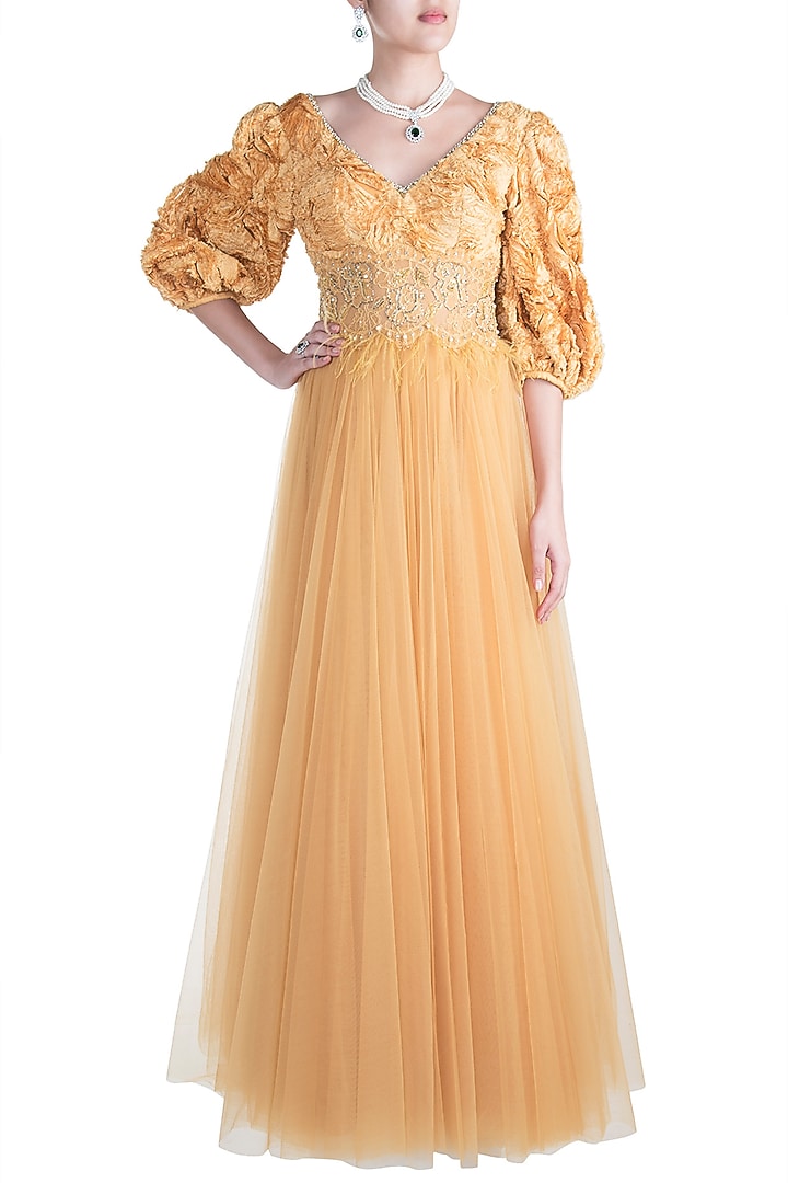 Golden Yellow Embroidered Engagement Gown by Rocky Star at Pernia's Pop Up Shop