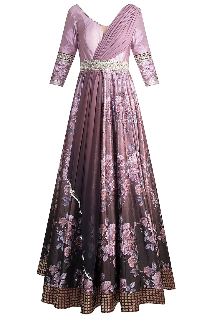 Pink Digital Printed & Embroidered Gown by Rocky Star