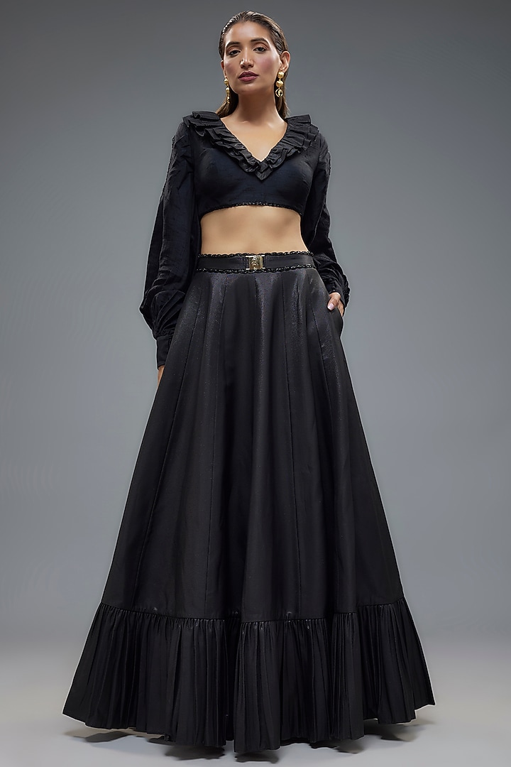 Black Raw Silk Frilled Wedding Lehenga Set by Rocky Star at Pernia's Pop Up Shop