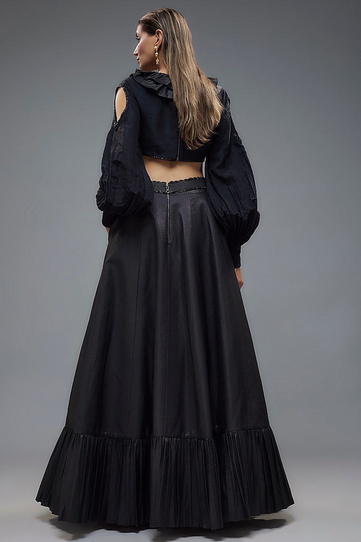 Black Raw Silk Frilled Wedding Lehenga Set by Rocky Star at Pernia's Pop Up Shop