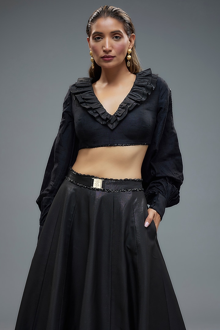 Black Raw Silk Frilled Wedding Lehenga Set by Rocky Star at Pernia's Pop Up Shop