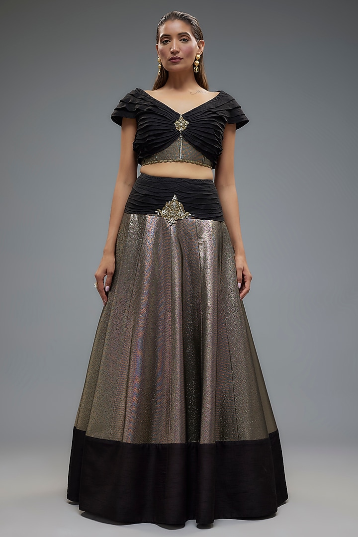 Black & Gold Raw Silk Patchwork Wedding Lehenga Set by Rocky Star at Pernia's Pop Up Shop