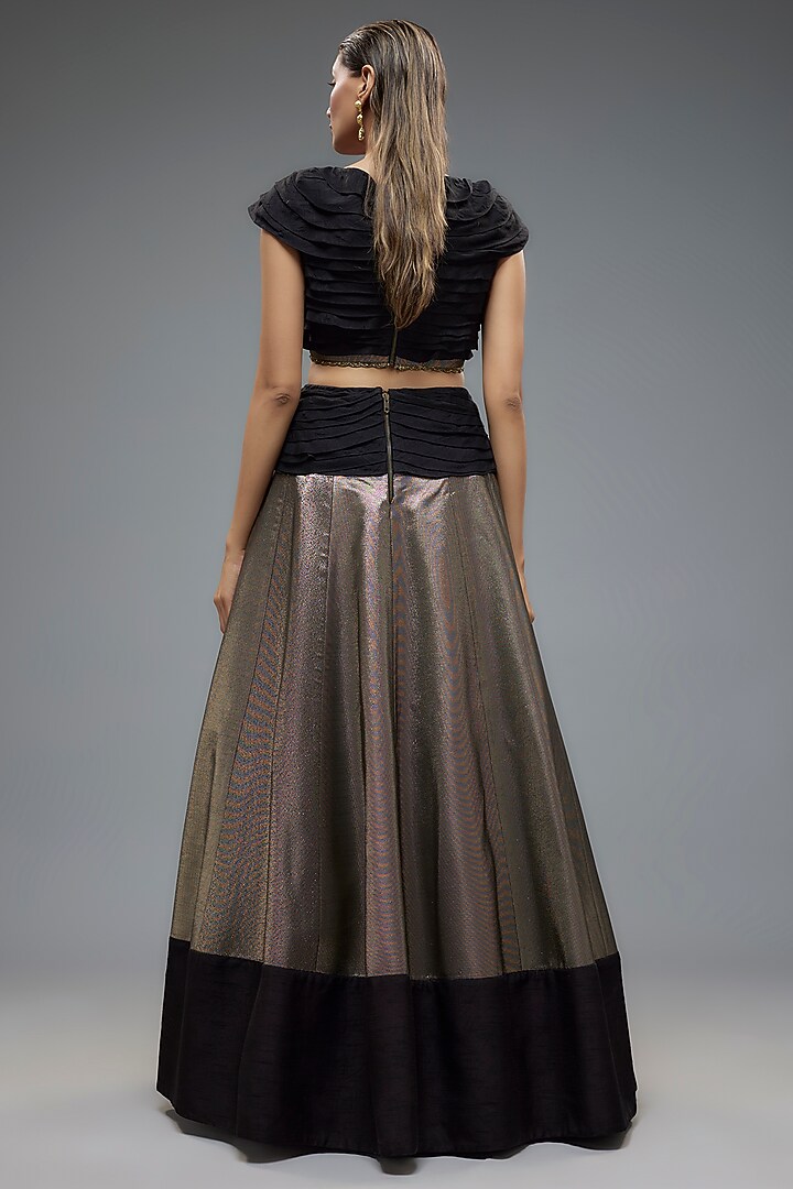 Black & Gold Raw Silk Patchwork Wedding Lehenga Set by Rocky Star at Pernia's Pop Up Shop